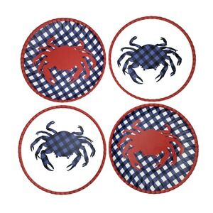 One Hundred 80 Degrees Melamine plates Crab Plaid Red White Blue Set 4